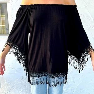 Sunny Leigh Black Small Fringe Top Or Beach Cover Up Wear Off-shoulder Or Not